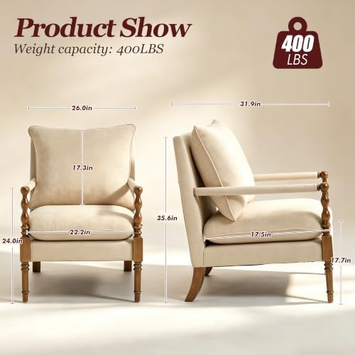 Accent Chair for Living Room, Farmhouse Linen Fabric Spindle Accent Chair wit...