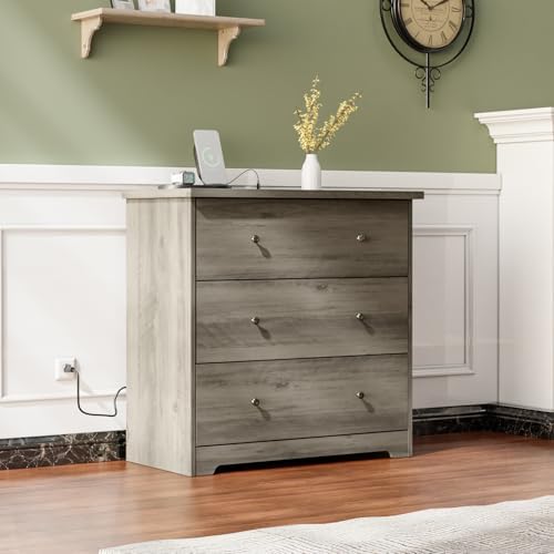 VINGLI 3 Drawer Dresser with Charging Station, Small Dresser Grey Chest of Dr...