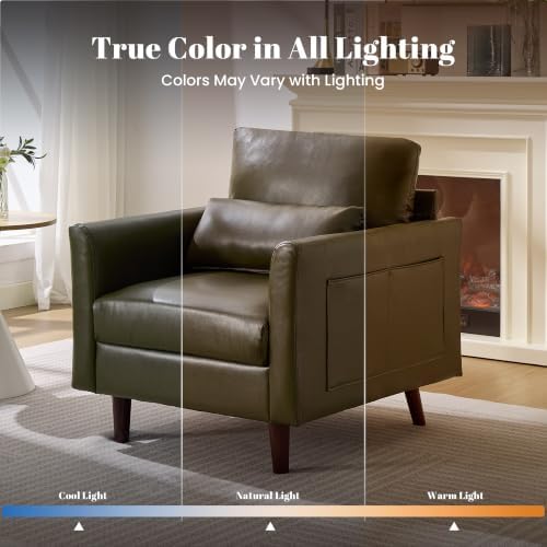 Kingfun Faux Leather Armchair Sofa with Side Pocket,Olive Green