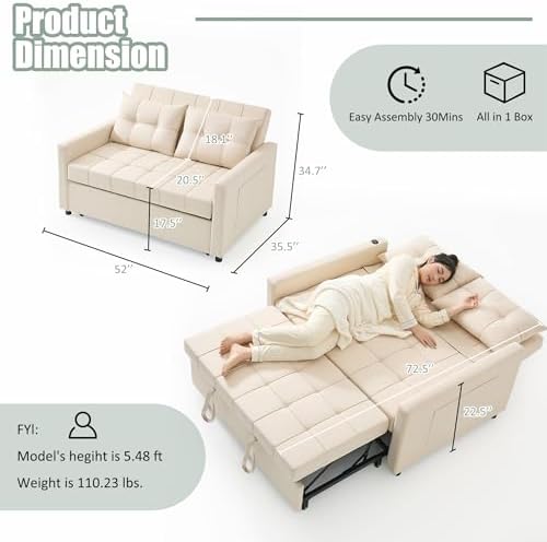 GOSUHI 52" 3-in-1 Convertible Sleeper Sofa Bed, Linen, Beige