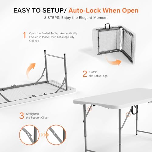 VINGLI 4 FT Plastic Folding Camping Table,3-Level Adjustable Height, Portable...