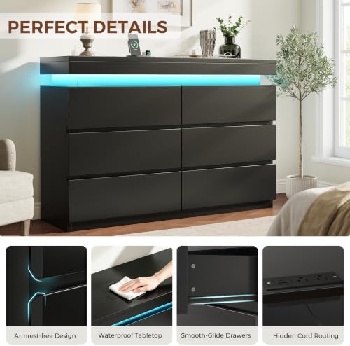 6 Drawer Dresser with LED Lights and Charging Station, Modern Black Dresser