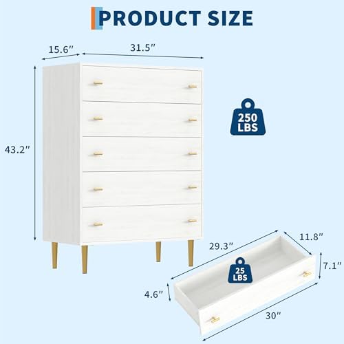 Farmhouse 5 Drawer Dresser for Bedroom, 43"Tall Wood Chest of Large Drawers