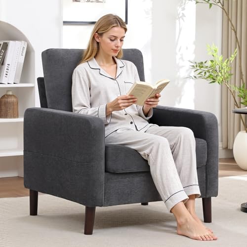 Accent Chair Set of 2, Upholstered Living Room Chairs with Wood Legs and Side...