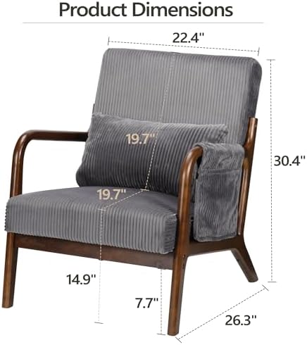 Mid Century Modern Accent Chair with Pocket, Solid Wood Armchair, Dark Gray
