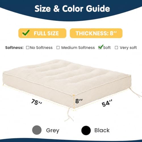 Futon Mattress Full Size 8 Inch, Beige (Frame Not Included)