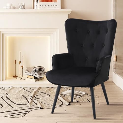 Furnimart Black Velvet Accent Chair Mid Century Modern Living Room Chairs; Co...