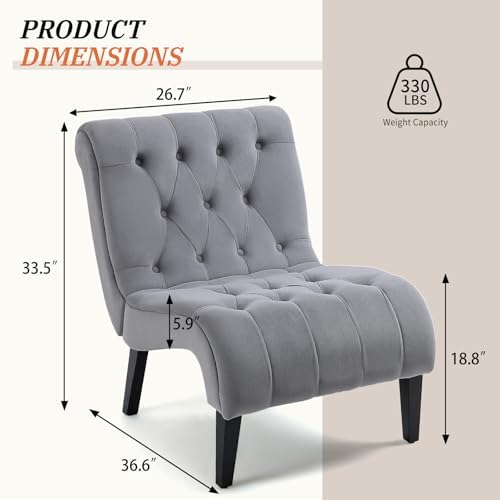 AVAWING Armless Tufted Velvet Accent Chair with Wood Legs, Grey