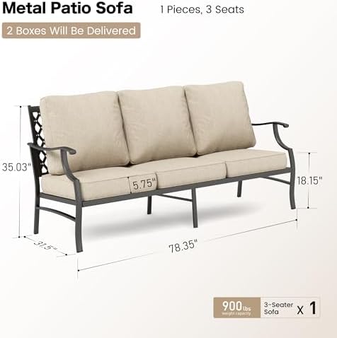 SUNSHINE VALLEY, 3-Seat Outdoor Patio Sofa, Metal Frame, Beige