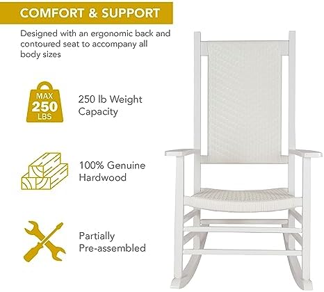 Shine Company Hampton Porch Rocker, High Back Wood Rocking Chair, Rattan Back...