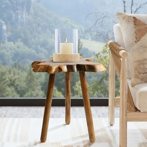 Natural Teak Wood Live Edge Side Table with Wood Legs – Rustic Side Table for...