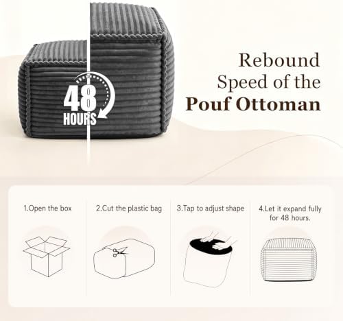 Square Stuffed Pouf Ottoman with Foam Chunk Filling, Darkgray