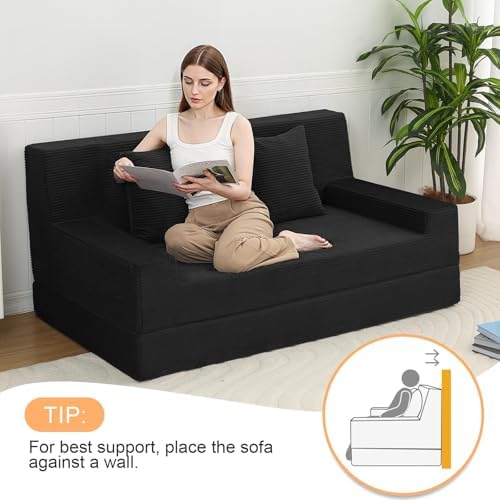 MeMoreCool 59" Boneless Couch Bed, Loveseat Futon Sofa, Small Space, Black