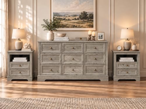 LOUVIXA Farmhouse Bedroom Sets of 3, Including 9 Drawer Dresser, Nightstand S...
