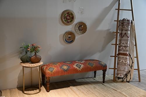 Acacia Wood Kilim Jute Fabric Upholstered Bench | Multi-Purpose Wooden Ottoma...