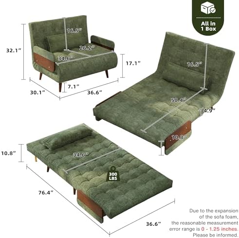 JASIWAY 37" Mid-Century Convertible Sofa Chair Bed Sleeper for Adult, Futon