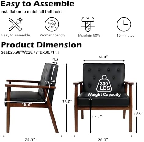 Waiting Room Accent Chairs Set of 2, Black Leather ArmChairs, Office Guest
