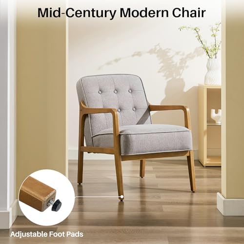 SOFTHION Linen Mid Century Modern Chair with Solid Wood Frame, Grey