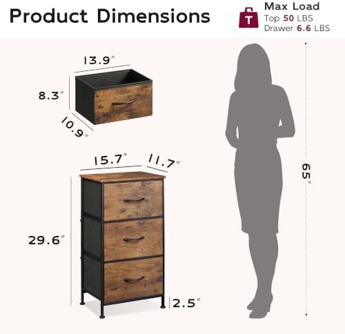 WLIVE Small Dresser Nightstand for Bedroom, 3 Drawers, Rustic Brown