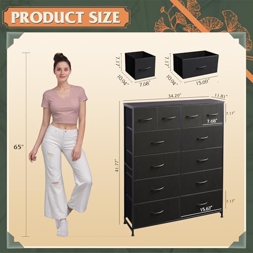 WLIVE 12 Drawer Tall Black Fabric Dresser Bedroom Storage Chest