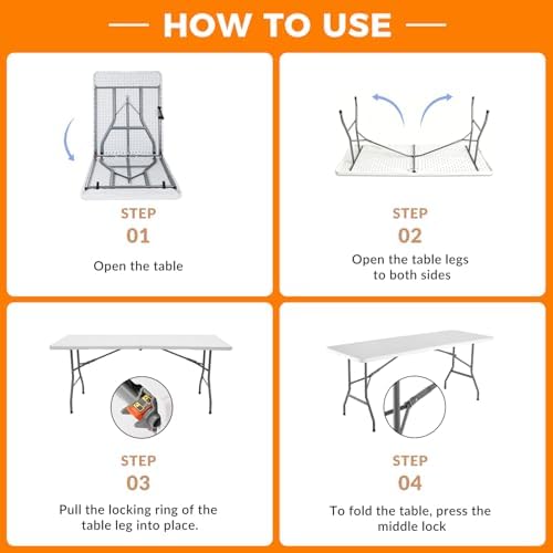 Lakhow 6FT Folding Table, Fold in Half Heavy Duty Rectangular Plastic Utility...