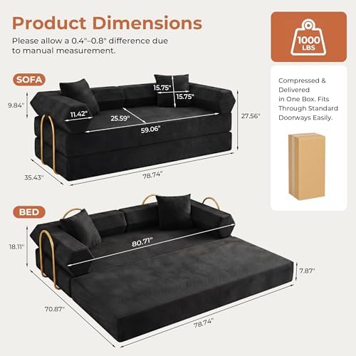 79" Convertible Futon Sofa Bed, Boneless Couch for Living Room | Black