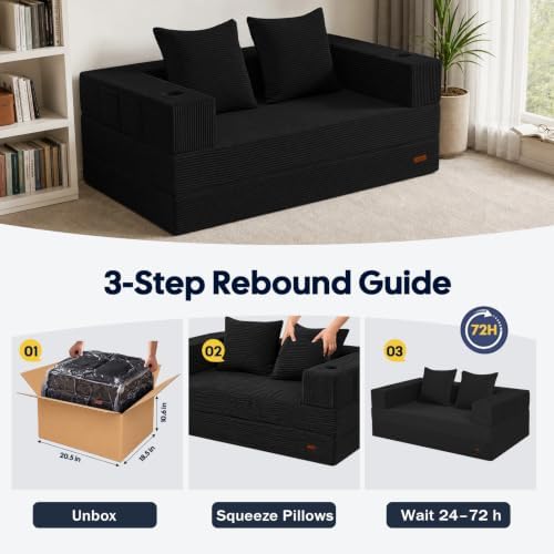 COMAX Boneless Futon Sofa Bed, 59" Small Low-Profile Floor Couch, Black