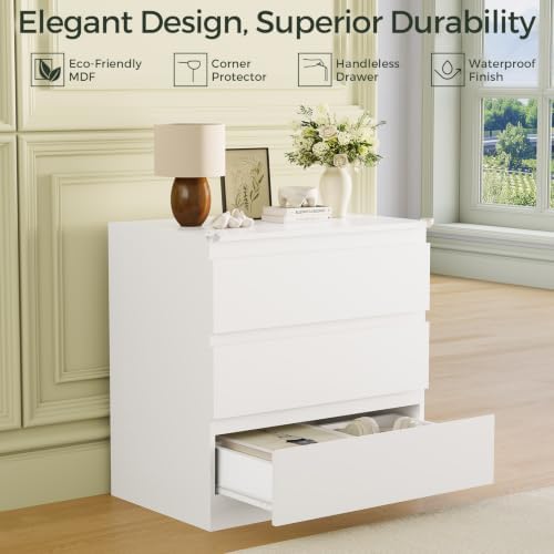 OtterOasis White Dresser for Bedroom with 3 Drawer Wide Wooden Chest