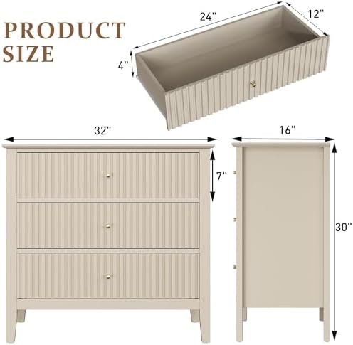 RoyalCraft Fluted 3 Drawer Dresser, 32" Wide Nightstand for Bedroom, Beige