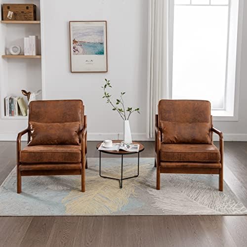 Mid Century Modern Accent Chair Set of 2 Living Room- Comfy Solid Wood Arm Ch...