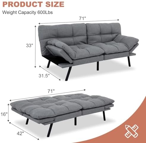 MUUEGM Futon Sofa Bed,Memory Foam Modern Convertible Couch Bed,Folding Futon ...