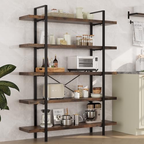 2PCS Heavy Duty 5 Tier Industrial Bookcase for Home Office, Rustic Brown | 47...
