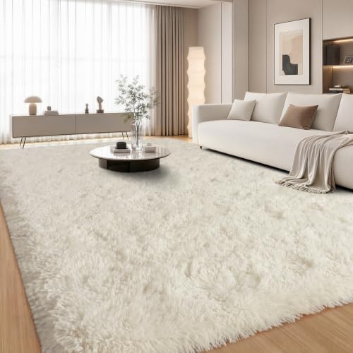 Large Cream White Rugs 8x10, Fluffy Shag Living Room Area Rugs