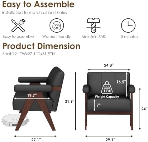 STHOUYN Leather Accent Chairs, Living Room Chair with Wooden Legs (Black)