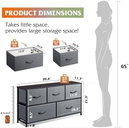 WLIVE Wide Dresser for Bedroom, 5 Drawer Chest of Drawers, Dark Grey
