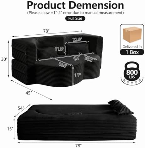 78" Futon Sofa Bed, Full Size Boneless Corduroy Couch Bed (Black)