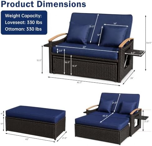 Outdoor Patio Rattan Daybed, Navy Blue/Rustic Brown