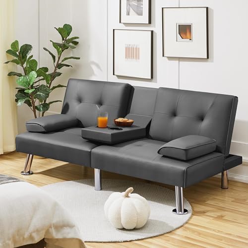 Yaheetech Convertible Futon Sofa Bed Loveseat with Cup Holder, Gray