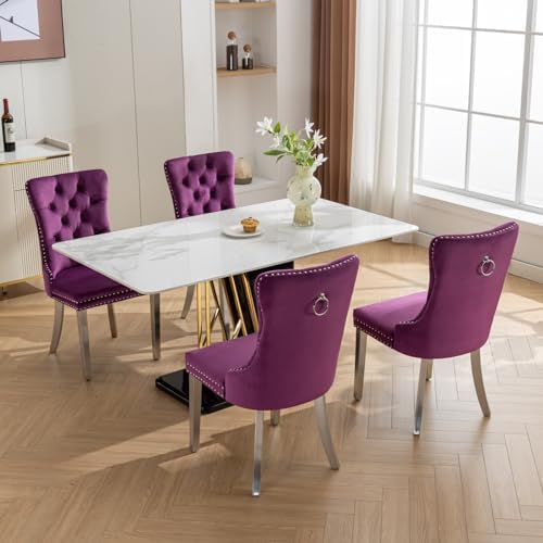 Velvet Dining Chairs Set of 4, Tufted Upholstered High Wingback Chairs with N...