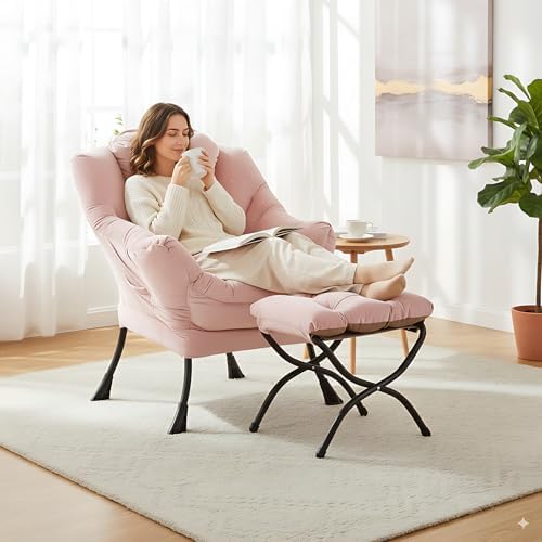 LITA Lazy Chair with Ottoman, Comfy Accent Reading Chair, Velvet Pink