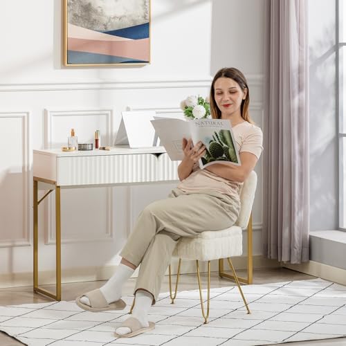 Vanity Chair with Storage | Comfy Ottoman with Folding Back