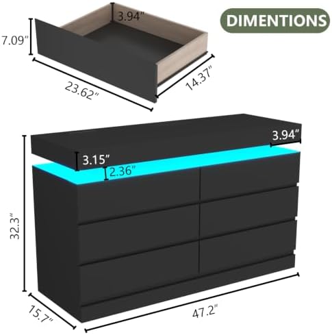 Gyfimoie 6 Drawer Dresser with Power Outlet, Dresser with LED Light