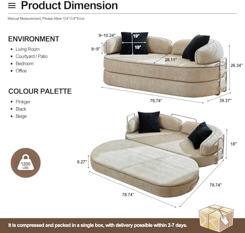 4-in-1 Folding Convertible Sofa Bed, 78 Inch Compression Oversized Corduroy U...