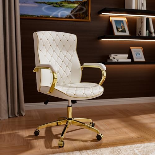 HomeZeer White and Gold Office Chair, Luxury Leather Executive Desk Chair