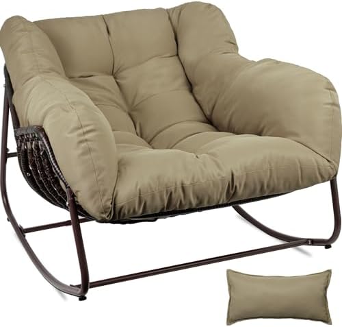 Outdoor Papasan Rocking Chair, Oversized Patio Rocking Chairs with Padded Cus...
