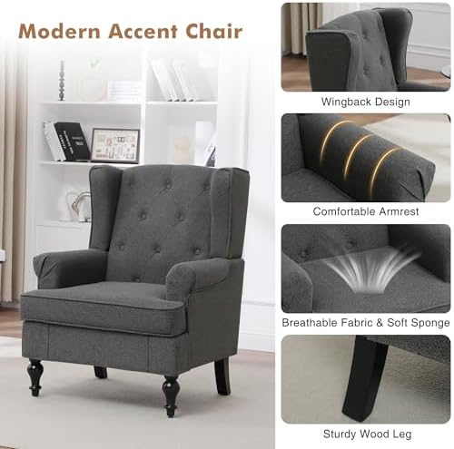 Accent Chair for Living Room, Mid Century Modern Upholstered Armchair, Wingba...