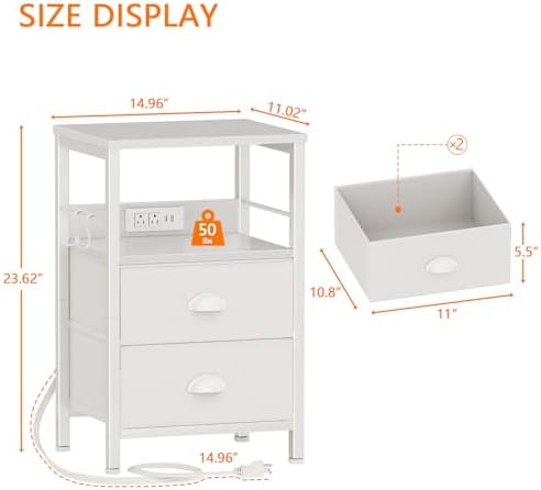 Furologee End Table with Charging Station, Nightstand with Fabric Drawers, Si...