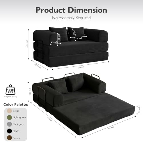 59in Boneless Couch Convertible Futon Sofa Bed Queen for Small Space