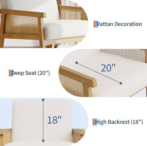 IDEALHOUSE Rattan Accent Chair with Wooden Frame and High Back, White