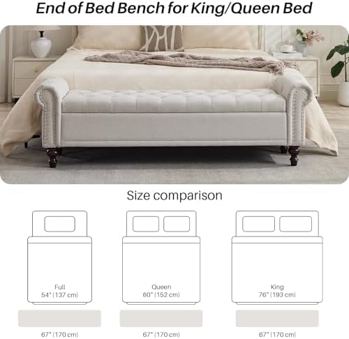 SOFTHION 67" Storage Bench for Bedroom, Linen Upholstered, Beige